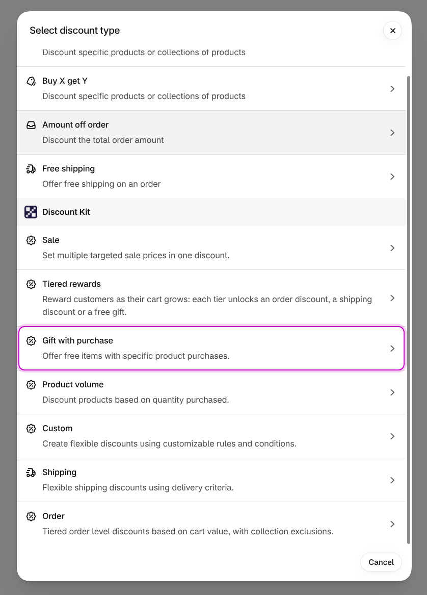 Gift with purchase in Shopify’s Select discount type list