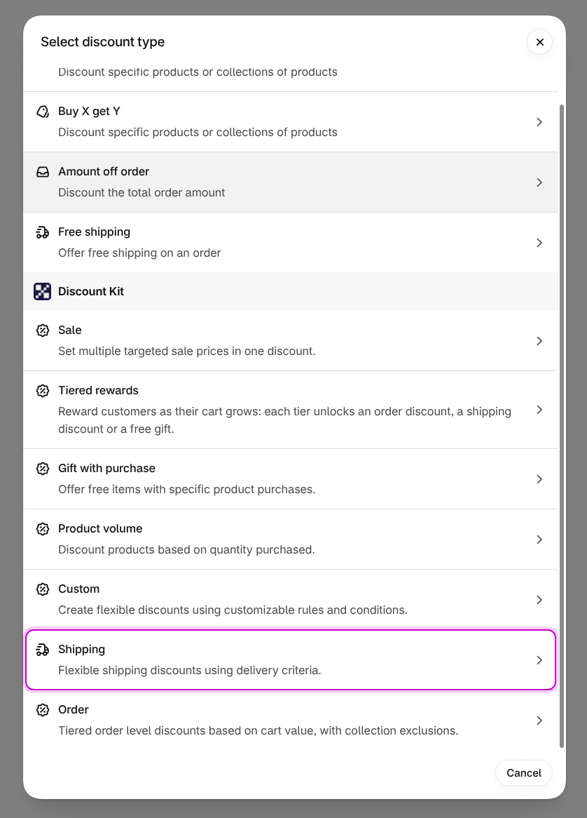 Shipping in Shopify’s Select discount type list