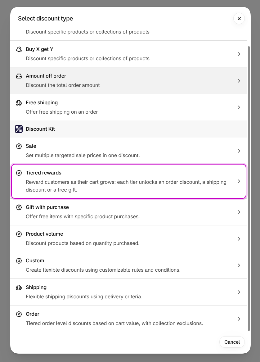 Tiered rewards in Shopify’s Select discount type list