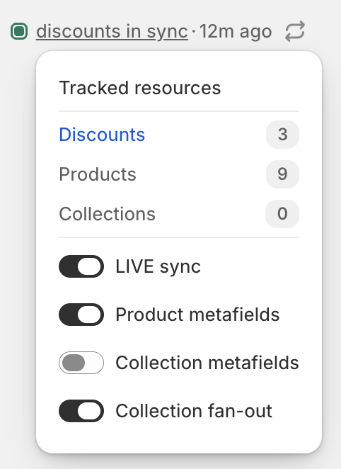 LIVE sync settings popover showing toggles for LIVE sync, Product metafields, Collection metafields, and Collection fan-out